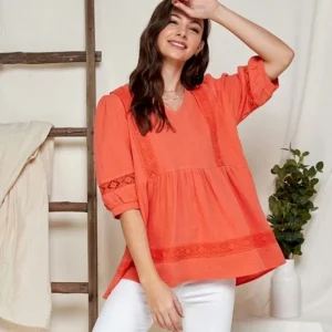 Bright Solid Orange V Neck Gauzy Cotton Lace Trim Babydoll Short Sleeve Top