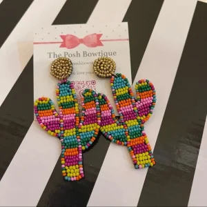 Cactus Bright Multicolor Seed Beaded Summer Statement Drop Earrings