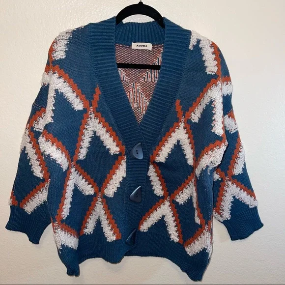 One Size Teal & Orange Geometric Pattern Abstract Shaped Button Cardigan
