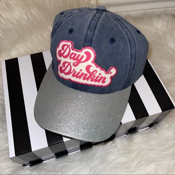 Washed Out Gray Denim “Day Drinking” Patch Glitter Bill Baseball Cap Hat
